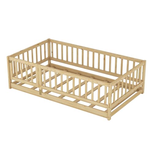 Image of Bellemave Twin Size Kids Montessori Floor Bed with Door,Solid Wood Floor Bed Frame with Slats and High Fence for Kids,Girls,Boys,Natural