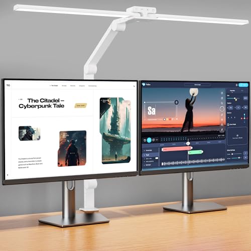 KableRika 24W Lámpara Escritorio LED con pinza, 80cm Flexo Escritorio de Doble Cabezal, Luz de Arquitecto Regulable, luz monitor con Temporizador, 1200 lúmenes para Oficina en el Hogar   Blanco