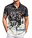 DADDYLOCO Hockey Chimpanzee Button Down Shirt, Short Sleeve, Regular Fit, Sports Theme Casual Design, Black and Navy
