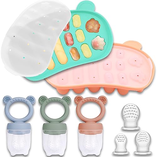Image of JEXFUN Silicone Baby Fruit Food Feeder Pacifier & Freezer Tray Set, Breastmilk Popsicle Mold for Teething, Silicone Baby Food Storage Containers for Baby Teething & Infant Self Feeding, BPA Free, C