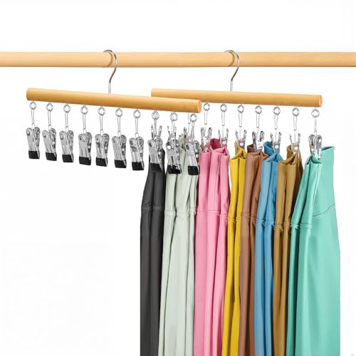 Zylkorb Legging Organizer for Closet 2 Pack, Wood Yoga Pants Hangers 10 Clips Holds 20 Leggings Pants Hangers, Space Saving Hanging Closet Organizers and Storage Organization and Storage