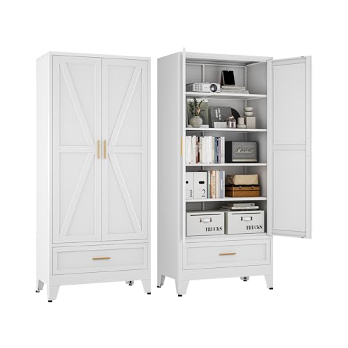 Image of Washsemba 71 "Farmhouse Metal Filing Cabinet with a Drawer and 4 Adjustable Shelves, with 2 Large barn Door White Kitchen Cabinets, Metal Food Cabinets for Home, Kitchen, Dining/Living Room (White)