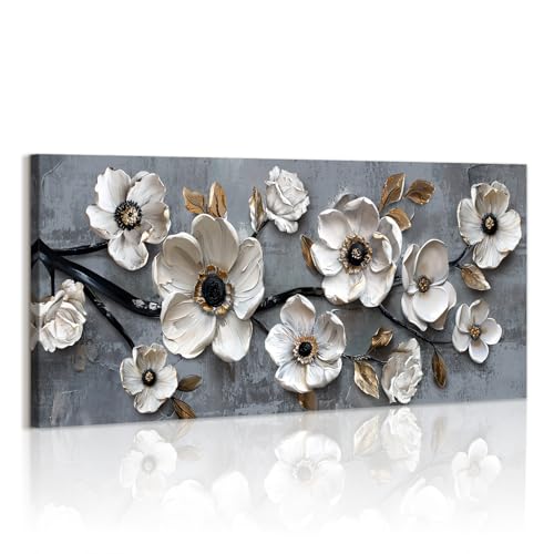 Tableau de fleurs blanches sur grande toile encadrée de 120x50 cm