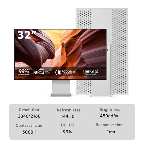 Image of 32 Inch 4K Computer Monitor 144Hz UHD, 32 inch Nano IPS HDR Gaming Monitor, 3840x2160, 3000:1 Contrast Ratio, 99% DCI-P3, USB-C 65W Charging,PC Monitor for Desktop（8 Interfaces）