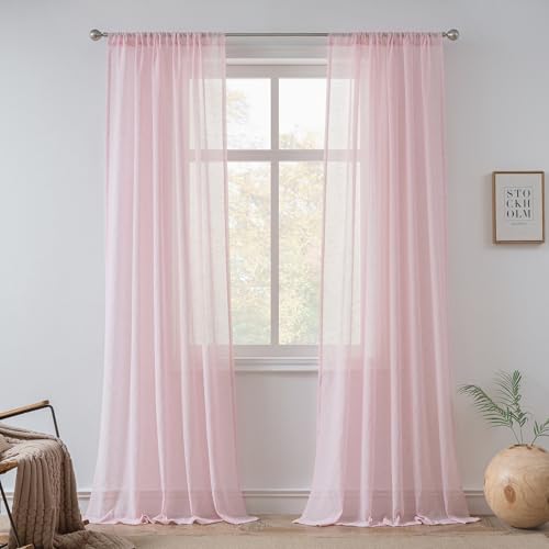 Image of FMFUNCTEX Linen Sheer Curtains for Bedroom, Pink Curtains 96 inches Long for Living Room, Blush Pink Farmhouse French Flax Blend Window Draperies, Rod Pocket 2 Panels Set