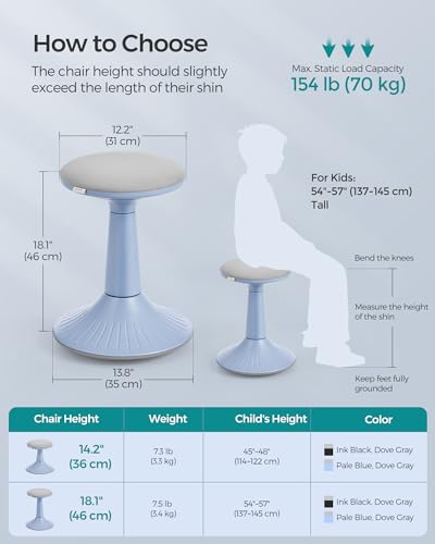 Image of SONGMICS Kids Wobble Chair 6-12Y, Active Sitting Stool with Focus Support, 18.1 inch Height 154 lb Capacity, Anti-Slip Base Tool-Free Assembly, Pale Blue and Dove Gray UOSC010Q01