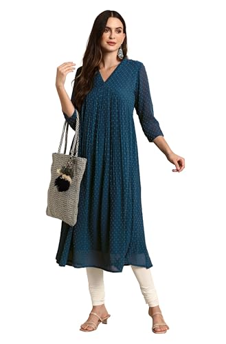 Image of Janasya Women's Dobby Chiffon Self Design Flared Kurta