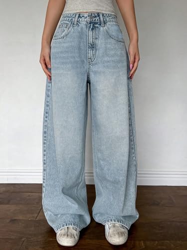 Image of Shasmi Women's Black Wide Leg Baggy Jeans | Loose Fit Denim Pants for Women | High Rise Streetwear | Casual Oversized Wide Leg Denim | Korean Style Baggy Trousers with Pockets (Jeans 296)