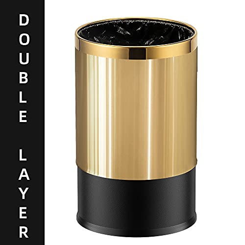 Briefhuman Stainless Steel Garbage Can，Small Office Gold Trash Can, Black And Gold Garbage Bin,Detach-A-Ring' Metal For Powder Room, Bathroom, Home,Office， Modern Home (Metal Gold) #TOP2
