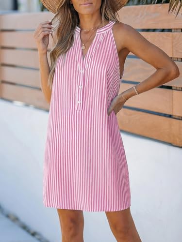 Image of CUPSHE Womens Summer Dresses V Neck Sleeveless Striped Button Up Mini Casual Coverup Dress