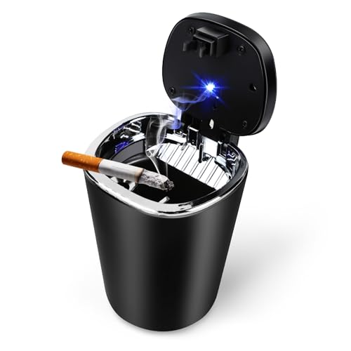 Image of Car Ashtray with Lid, Smell Proof Mini Car Trash Can, Detachable Stainless Steel Ashtray with LED Blue Light, Universal Interior Accessories for Cars, Trucks, SUVs