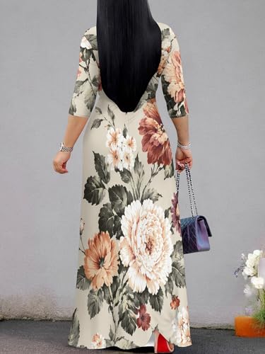 Image of Women Plus Size Long Sleeve V Neck Maxi Dress with Belt | Soft fabric relaxed fit three quarter sleeve v neck with pockets for party and daily wear