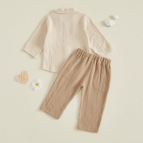 Image of VISGOGO Toddler Boy Linen Outfit Baby Boy Fall Winter Clothes Set Button-Down Shirt Tops Cotton Linen Pants 2PCS
