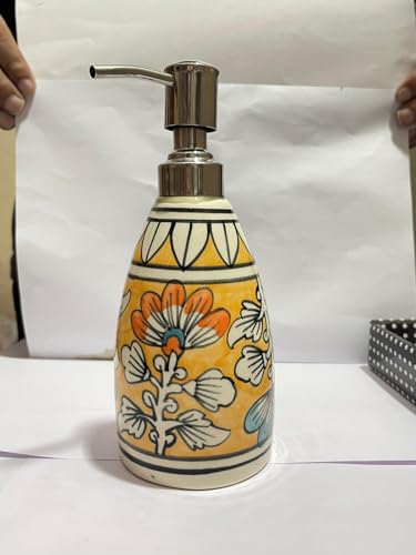 Image of Old Edge Ceramic Soap Dispenser Pump Bottle with Hand Painted Floral Design - Refillable Liquid Handwash Dispenser for Bathroom Kitchen Sink Lotion & Dishwash Use