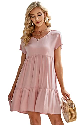 Image of Fangetey Women's V-Neck Tunic Dresses Short Sleeve Button Down Loose Casual Summer Short Flowy Swing Dress Pink Medium