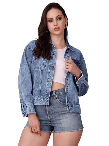 Image of Miss Chase Women's Polo Neck Full Sleeves Patch Pocket Denim Overcoat Knee-Length Jacket