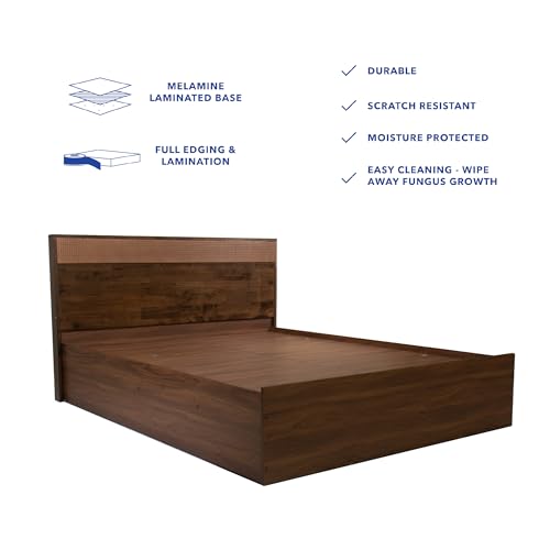 Image of DF2H Bed | 1 Year Warranty | Double Bed, Queen Size, Eurotas Rattan Soft Embossed Solid Wood Headboard, Non-Woven Base & 3mm MDF, Walnut Colour (Melamine Finish)