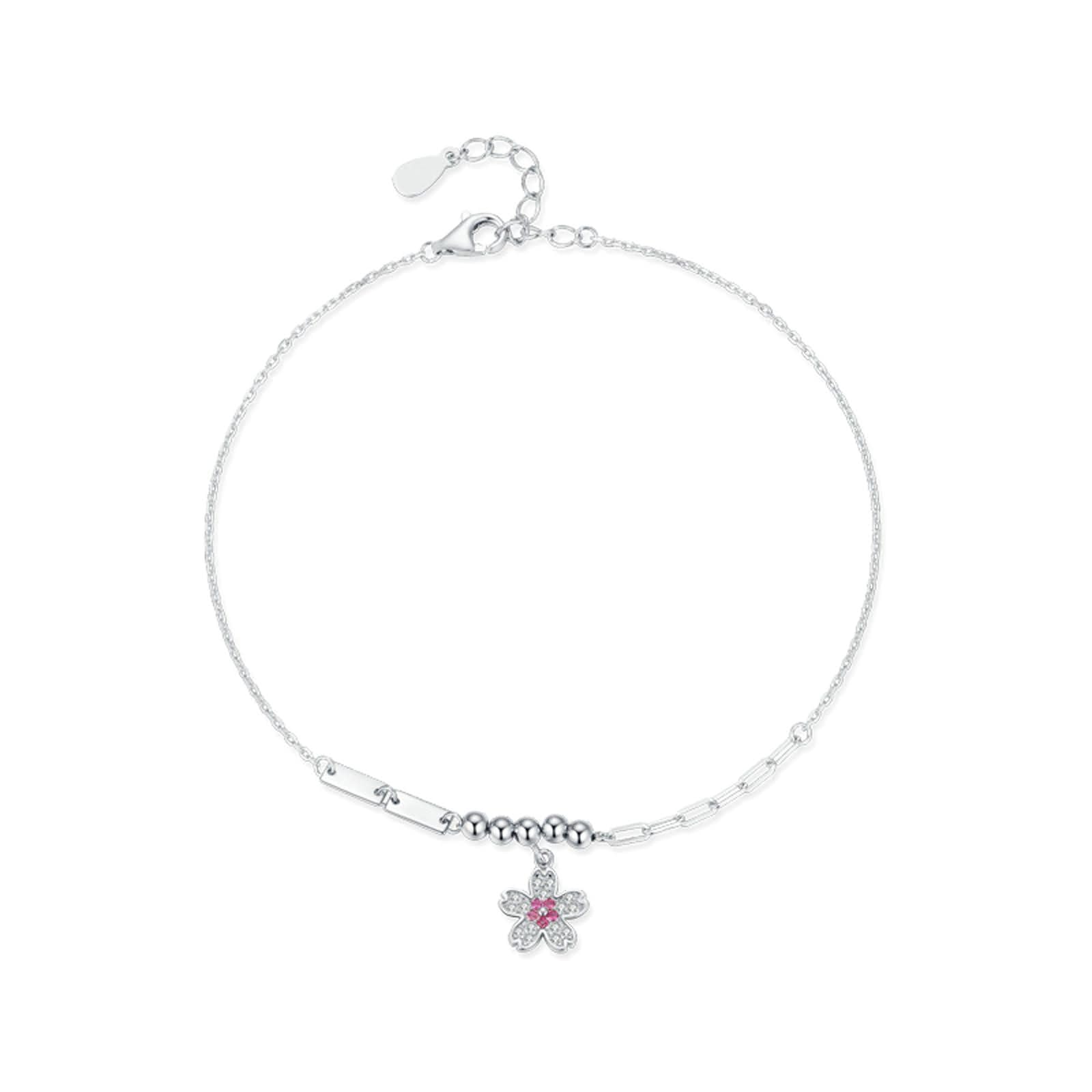 Pulsera para Mujer de Oro Blanco 9Kilates / 14Kilates / 18Kilates, Flor con Zafiro Rosa y Diamante, Cadena Extensible 16 CM + 5 CM, Pulseras Mujer Ajustable Plata Rosa