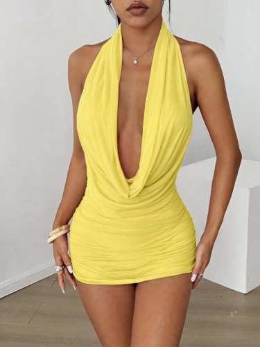 Image of Floerns Women's Sexy Halter Mesh Sleeveless Going Out Bodycon Mini Dresses
