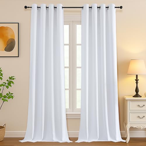 Image of Simplebrand Pure White Light Filtering Curtains for Bedroom Living Room 108 Inches Long 2 Panels Set, Thermal Insulated Curtains & Drapes, Solid Grommet Noise Reducing Window Treatment, W50 x L108