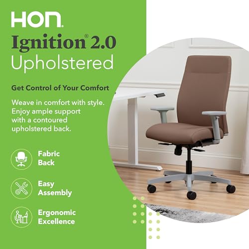 Image of HON Ignition 2.0 Ergonomic Office Chair with Adjustable Arms, Standard Synchro‑Tilt Recline, Upholstered Desk and Computer Chair for Home Office or Workstation, Titanium Frame, Bark