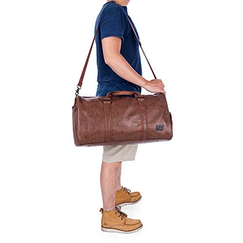 Leather Travel Bag with Shoe Pouch， Waterproof Weekender Overnight Bag, Large Carry On Duffel Bag for Men Women-Brown