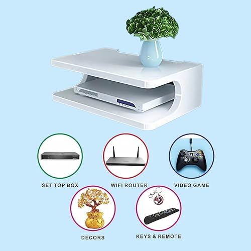 Image of Dime Store Setup Box Stand /Set Top Box Stand Wall Mount for Home Wall Shelf for Holding Speakers WiFi Router Game Console Remote Streaming Device (Standard, White)(Engineered Wood)