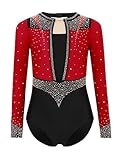 Miutii Mädchen Turnanzug Glitzer Langarm Gymnastikanzug Strass Glänzend Ballettanzug Gymnastik Leotard Tanzbody Wettbewerb Tanzkostüm Burgundy 146-152