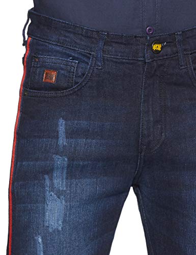Image of CAHOOT Men's Classic Blue Dark-Washed Distressed Side Striped Regular Fit Denim Jeans | Mid-Rise Stretchable Cotton Denim Jeans Crafted with Comfort Fit & High Performance for Everyday Wear