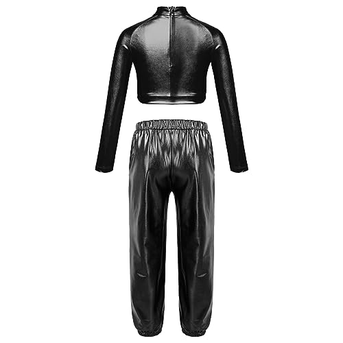 JanJean Kids Girls 2Pcs Dance Tracksuit Shiny Metallic Crop Top with Athletic Sweatpants Jazz Hip Hop Jazz Dance Costume Black 6 Years