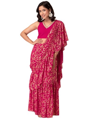 Image of Indya Women's Polyester Foil Print Ready to Wear Saree