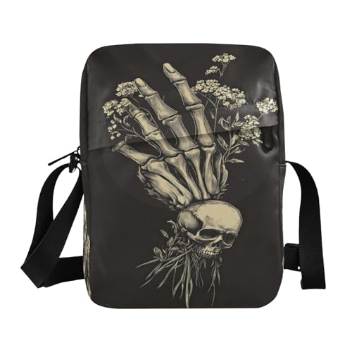 Crossbody Bag Gothic Skull Skeleton Hand Flower Messenger Bag for Women Men Purse Shoulder Bag Satchel Bag with Adjustable Strap 214B9412 - Main Image