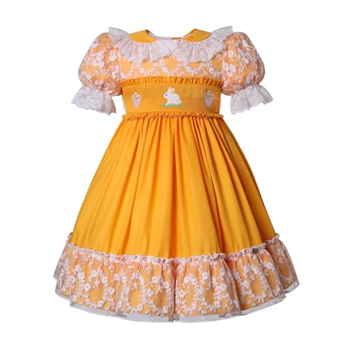 Pettigirl Girls Easter Yellow Smocked Lace Ruffle Dresses Kid Toddler Vintage Clothes Size 2 3 4 5 6 7 8 9 10 11 12