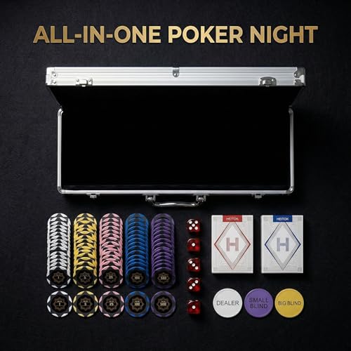 Image of HEITOK Professional Poker Chip Set 300 Count 14g Heavy Clay Composite with Iron Core for Texas Holdem and Teen Patti Includes Aluminum Case Cards Buttons