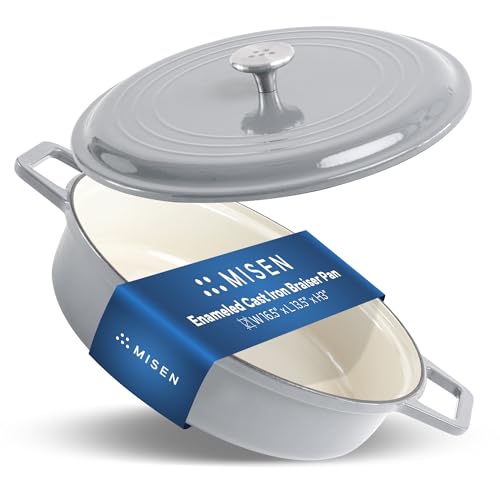 Image of Misen 5.5 QT Braiser - Enameled Cast Iron Pan for Searing, Braising & Slow Cooking - No-Chip Enamel Coating - Extra-Wide Handles - Superior Heat Retention & Even Cooking - Gray