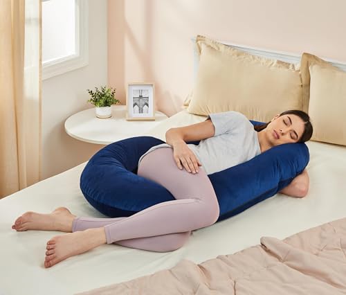 Image of Amazon Basics Velvet Full Body Pregnancy Pillow for Maternity,Baby Nursing,Full Body Support|C-Shaped-Washable Cover with Zip- Navy Blue
