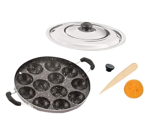Non Stick Aluminium Appam Pan 12 Pits with Steel Lid Two Side Handel Appam Maker with Steel Lid Paniyaram Pan Black and Silver