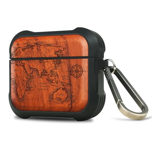 Carveit Case per AirPods 4 (2024) generazione Custodia di ricarica, Unico Cover in Legno compatibile con AirPods di 4a Gen (USB-C) con titanio Moschettone (Rosea-Mappe della bussola)