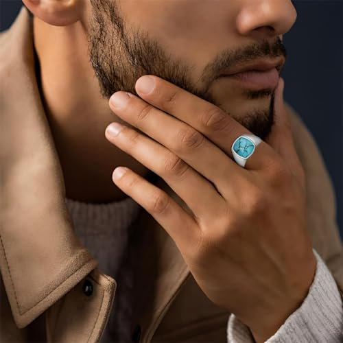 Genuine Turquoise Ring for Men,925 Sterling Silver Vintage Real Black onyx Created Sapphire Gemstone Pinky Thumb Western Ring for Dad Father Husband Simple style Lover, Size 6-143