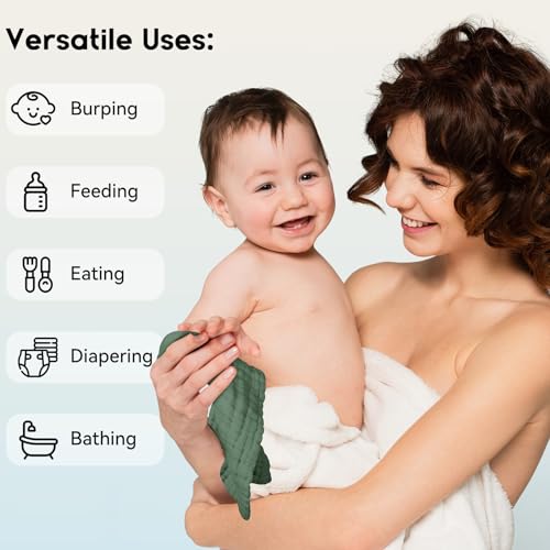 Image of Unnivoll Muslin Burp Cloths Baby 12''X12'', Baby Washcloths 6 Pack, 100% Cotton Baby Wash Cloths Absorbent and Soft for Newborn Infants Kids Boys Girls - Gradient Green