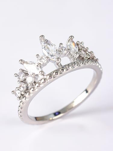 Emsione Fashion Silver Plated Ring Created White Zircon Marquise Cut Crown Eternity Anniversary Wedding Engagement Party Ring for Women Men Size 13