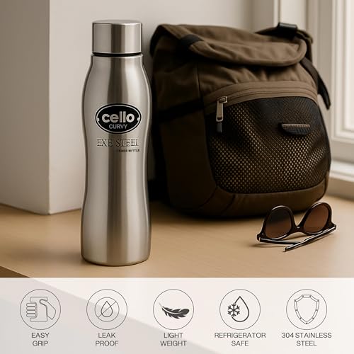 Image of CELLO New Curvy Stainless Steel Water Bottle for Office Set of 2 Pcs 1000ml Silver | Single Wall Freezer & Fridge Safe, Leak Proof Wide Mouth Easy to Clean, One Hand Grip Steel Water Bottle for Travel