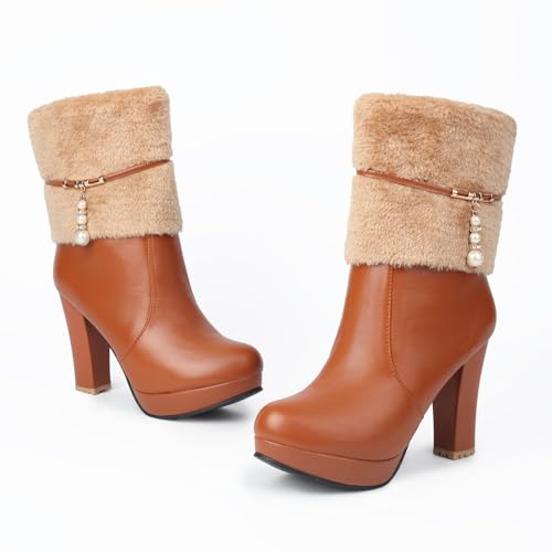 UTIKLIOU Women's Ankle Boots Platform Boots Side Zip Chunky Heel Booties with Fur Round Toe Leather Winter Boots for Women3
