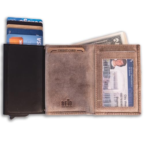 Image of Full Grain Leather Pop-Up Wallet for Men - RFID Blocking Bifold with Quick Card Access - Slim Minimalist Design - Holds 8+ Cards & Cash (Sand)