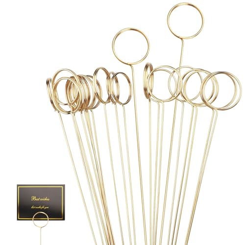 30 Pcs Metal Wire Floral Picks 13 Inch Wire Floral Place Card Holder Picks, Photo Memo Holder, Round Table Name Number Card Holder for Wedding Party Birthday (Gold) Round