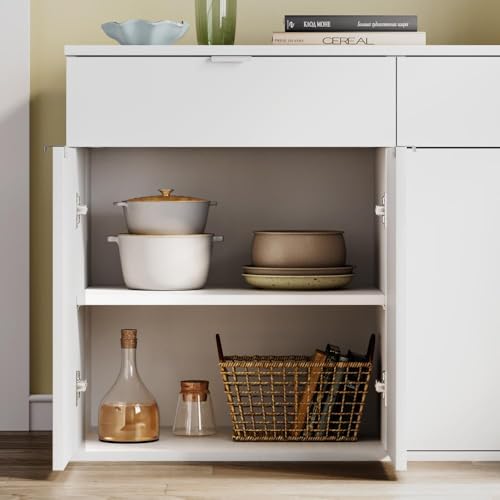 Image of Wakefit Engineered Wood Sideboard | 1 Year Warranty | Storage Cabinet for Home Kitchen Living Room | 2 Closed Compartments & 2 Drawers | Kimani - Frosty White