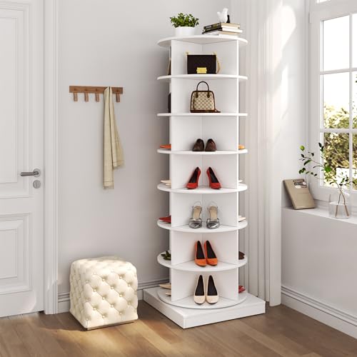 Pvillez 7-Tier Rotating Shoe Rack Tower, Spinning Shoe Rack, 360° Revolving Free Standing Shoe Rack, Rotating Lazy Susan Shoe Organizer for Entryway Doorway Hallway, Can Hold 28 Pairs of Shoes White