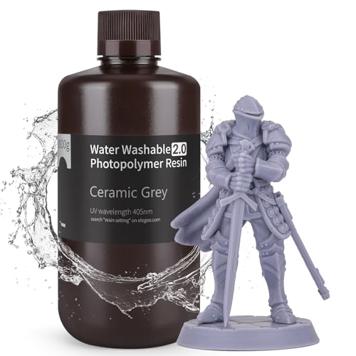 ELEGOO Upgraded Water Washable 3D Printer Resin 2.0 405nm UV-Curing 3D Resin with Lower Shrinkage and Higher Precision for LCD 3D Printing Grey 1KG