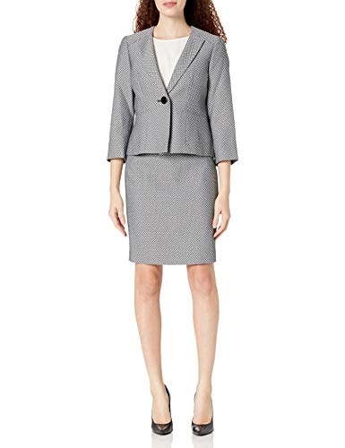 Le Suit Women's Petite 1 Button Collarless Diamond Stretch Jacquard Seamed Skirt Suit, Black/White, 6P