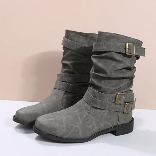 Women's Leather Slouchy Buckle Mid-Calf Boots Comfort Wide Round Toe Slip On Lug Sole Motorcycle Combat Boots Winter Low Heel Knight Boots Wide Calf Knee High Boots2
